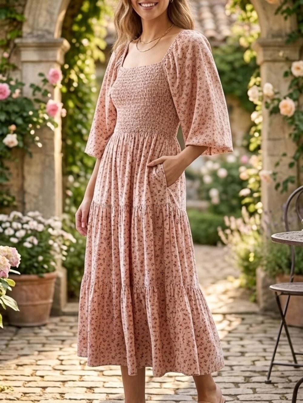 Neuflora Vermont gauze Rose Pink Floral Smocked Cottagecore Midi Dress flowy